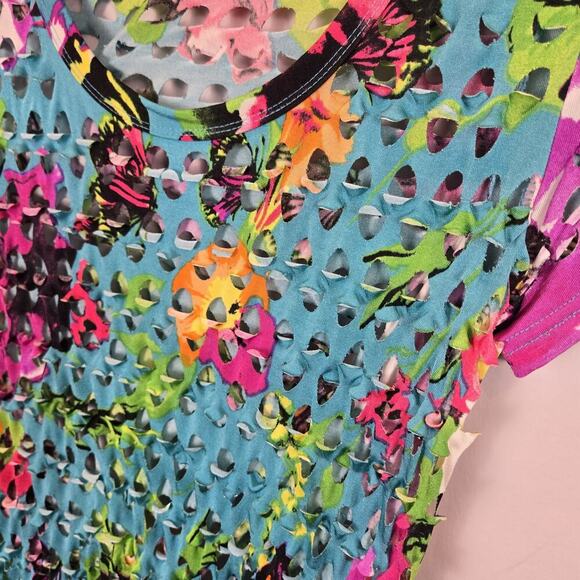 Neon Abstract Floral Cutout Swim Coverup Mini Dress MED Indie Sleeze Sexy Beach - Picture 3 of 7
